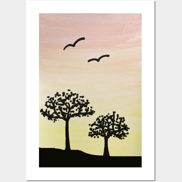 Watercolor Pink yellow orange sky and trees watercolour painting Wall Art by WatercolorFun